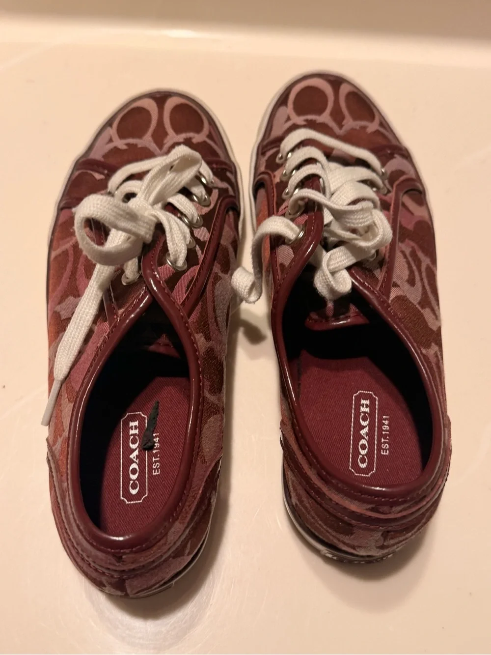 Coach Women's Burgundy Signature Canvas Sneakers with White Laces
